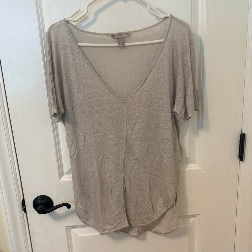 Banana Republic shimmering silver sheer linen v-neck tee